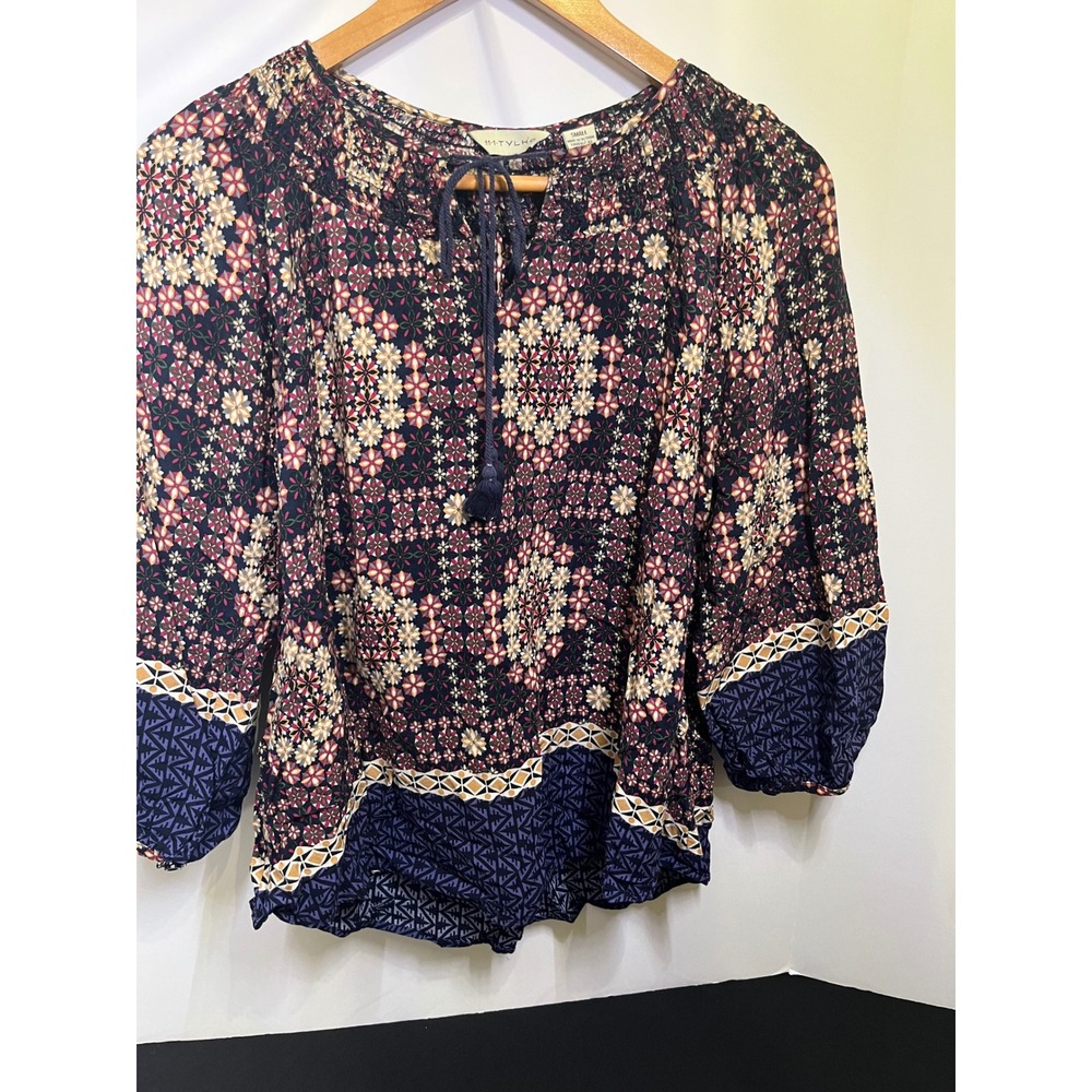 11.1 TYLHO Women Small Navy Blue Floral Geometric Smocked Tassel Peasant Blouse